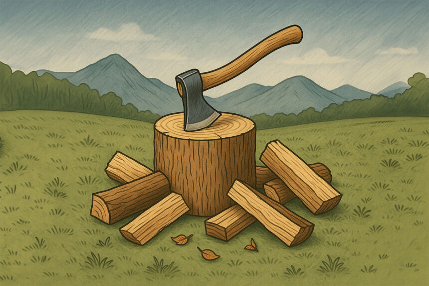 切り株の上で薪割