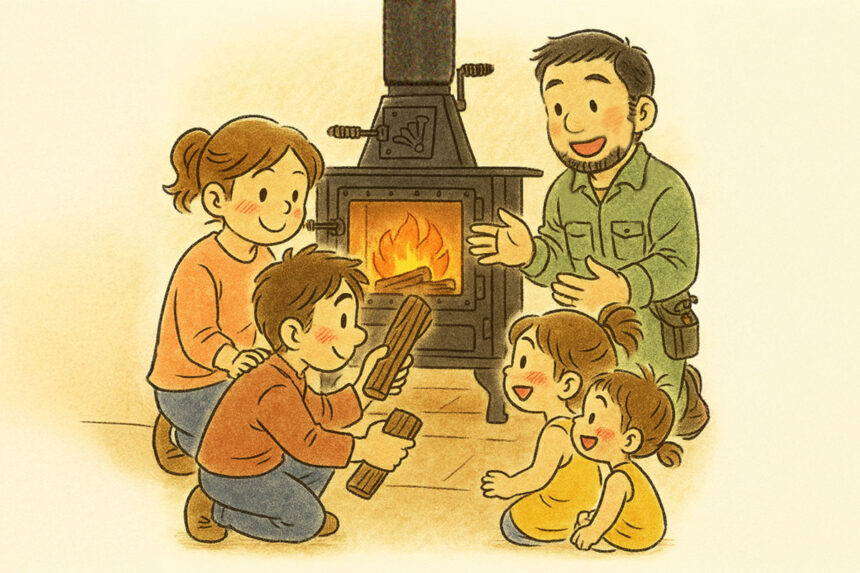 薪ストーブの火入れ体験