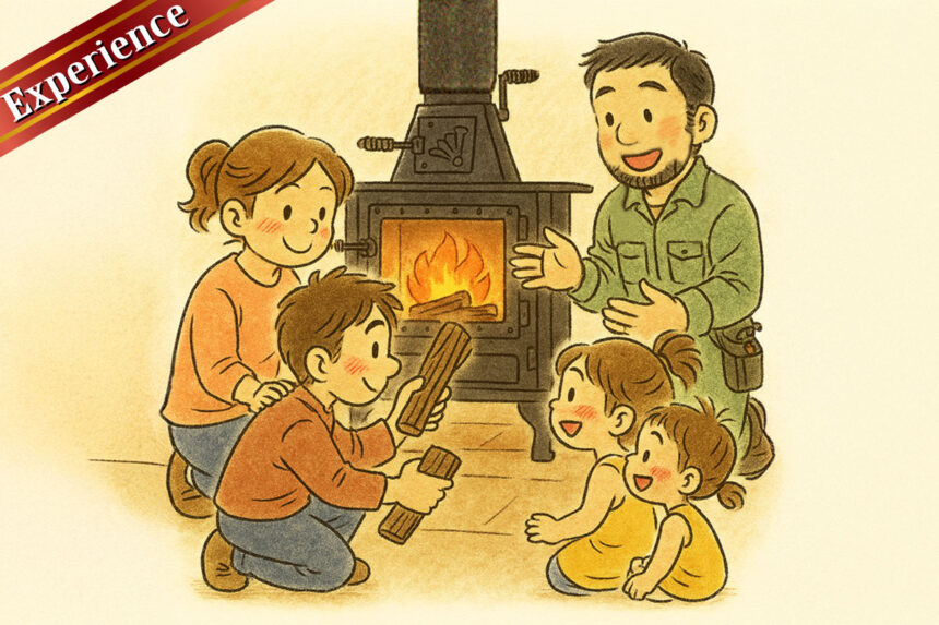 薪ストーブの火入れ体験